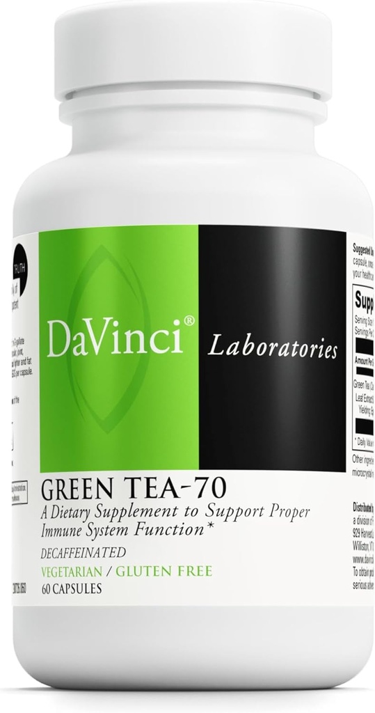 DaVinci Labs Green Tea-70 - suplemen Diet untuk Mendukung Sistem Imune, Kesehatan Kardiovaskular dan Kesehatan Cholesterol - Dengan Ekstrak Teh Hijau - Decontainated - Gluten- Bebas -60 Vegetarian Capsules