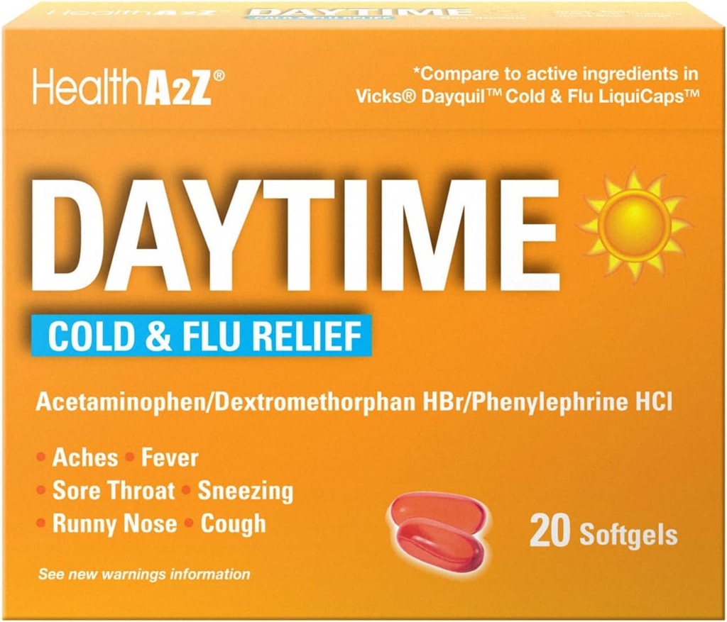 HealthA2Z® Daytime | Cold & Flu Medicine | Potente Multi-Symptom Daytime(20 Softgels) (Daytime Cold & Flu Medicine (20 Count Pack of 1))