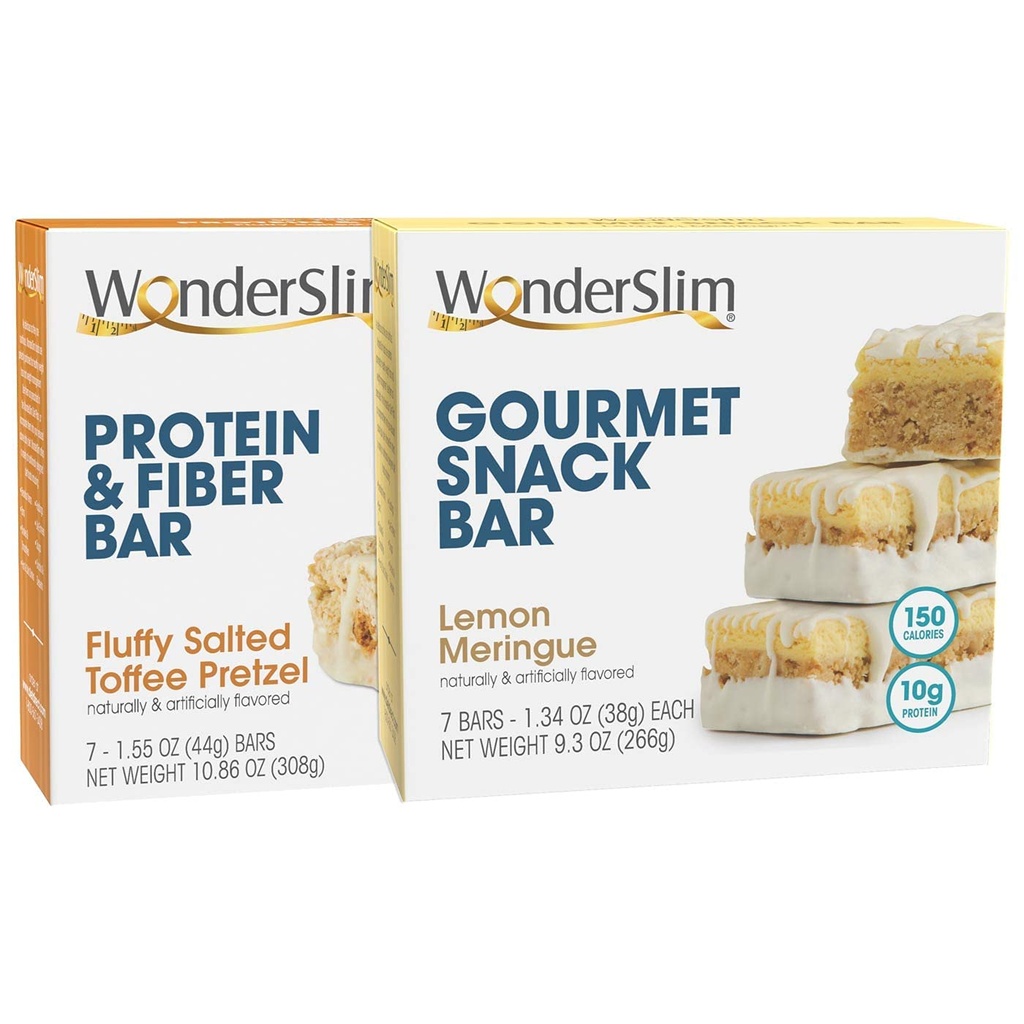 WonderSlim Fluffy Salted Toffee Gretzel Protein & Fiber Bar и Lemon Meringue Gourmet Snack Bar Bundle