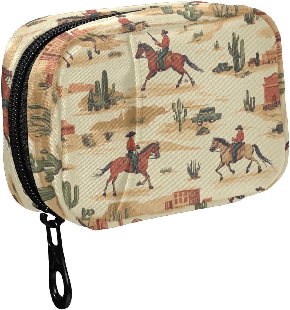 Fustylead Cowboy Riding Horse and Desert Cactus Pill Organizador para Purse, Weekly Portable Pill Box con Zipper para almacenar vitaminas de aceites de peixe Suplementos