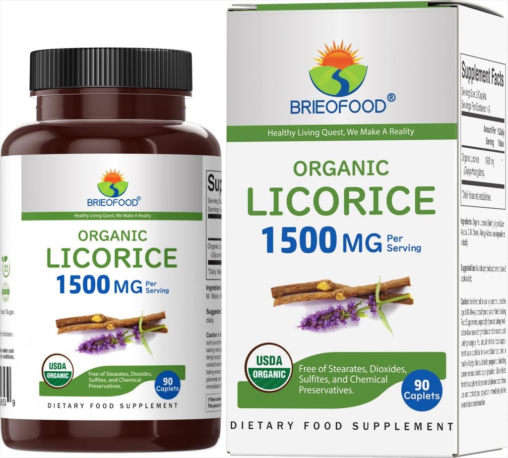 Brieofood Organic Licorice 1500mg, 45 Paslaugos, Vegetarian, Gluten Free, 90 Vegetarian Tablets