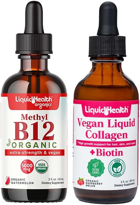 LIQUITHEALTH Biologische Methyl B12 5000mcg Vitamine druppels met Tart Cherry Juice & 100% Vegan Plant Based Collageen Plus Biotin Drops - Natuurlijke energie Boost, Verbeter Focus, Haar & Nagelgroei, Huidgezondheid