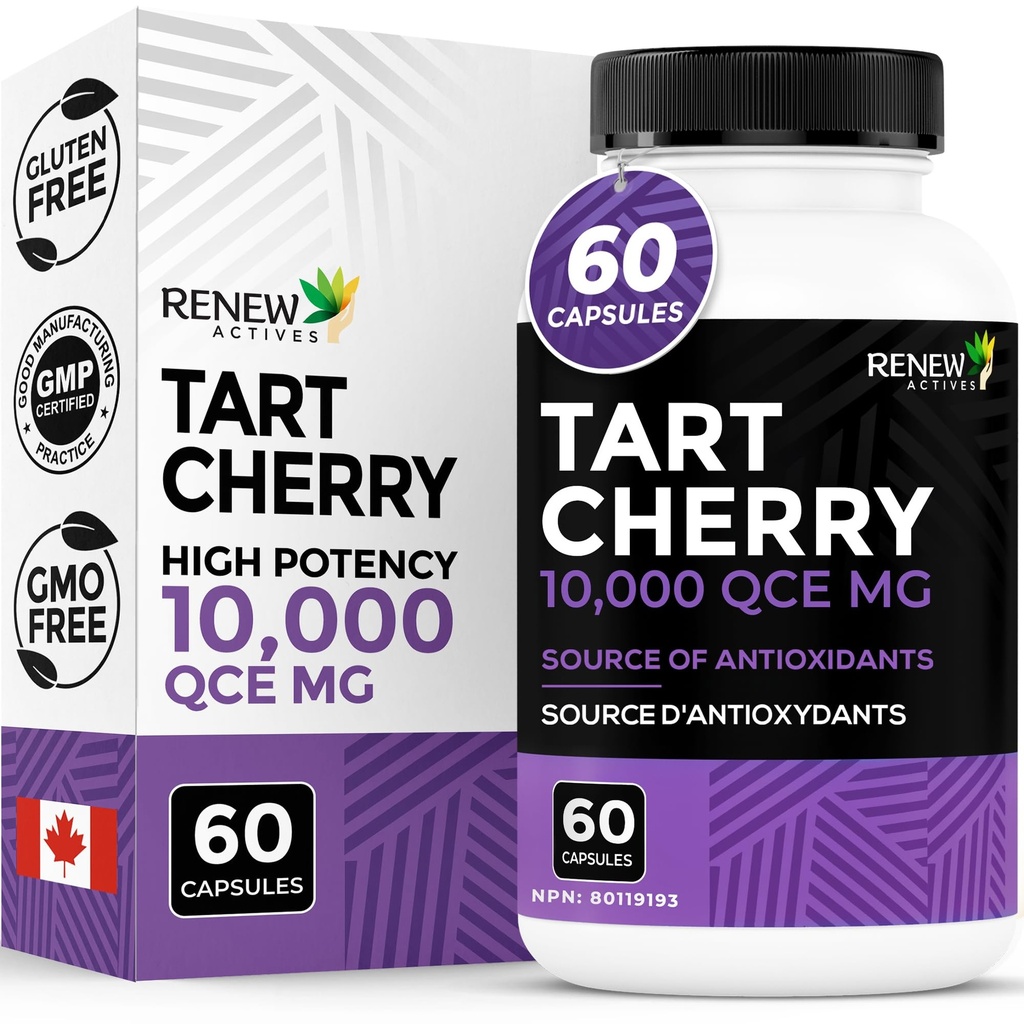 Renew Actives Tart Cherry Extra 500mg per 2 Capsules – High-Potency Antioxidant for Free Radical Protection & Wellness – 60 Easy-to-Swallow Capsules – Made in Canada