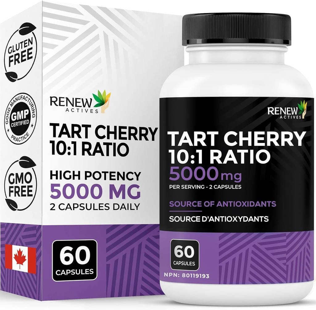Renova Active Tart Cherry Extra 500mg por 2 Cápsulas - Antioxidante de alta potencia para protección e benestar radicais libres - 60 cápsulas fáciles de usar - feito en Canadá