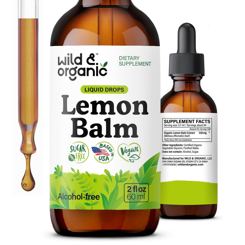 Wild & Organic Lemon Balm Drops - Relaxation Support - Lemon Balm Extract Supplement - Melissa Officinalis Herb Tincture - Add to Tea for Calmness Support - Vegan, Sugar & Alcohol-Free - 2 fl oz
