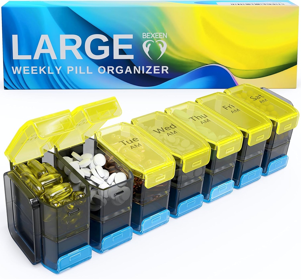 Organitzador general de Pilall 2 Times d'un Dia Manveen XL Pell Box 7 dia amb Big AM/PM Comparations KPIONits , suplementaris & Gigabytes, per 7 o 14 dies d'ús, Color- Coded, Sèniply, Sense espites