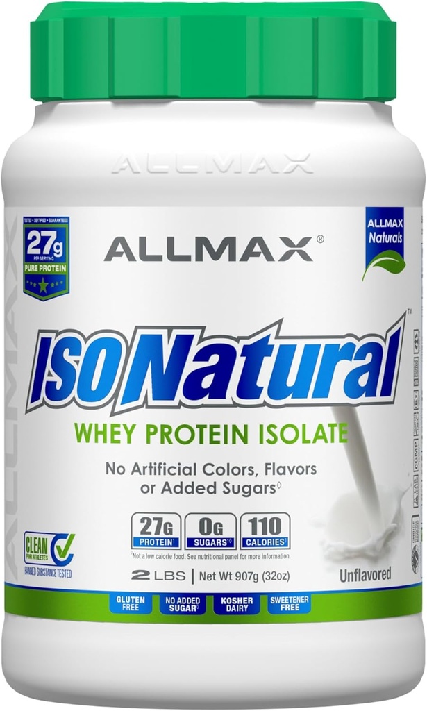 ALLMAX Nutrition ISONATURAL Isolation des protéines de lactosérum, non aromatisée - 2 lb - 27 grammes de protéines par scoop - Zéro gras et sucre - 99% Sans lactose - avec prébiotiques - Pas d'arôme artificiel - 31 portions
