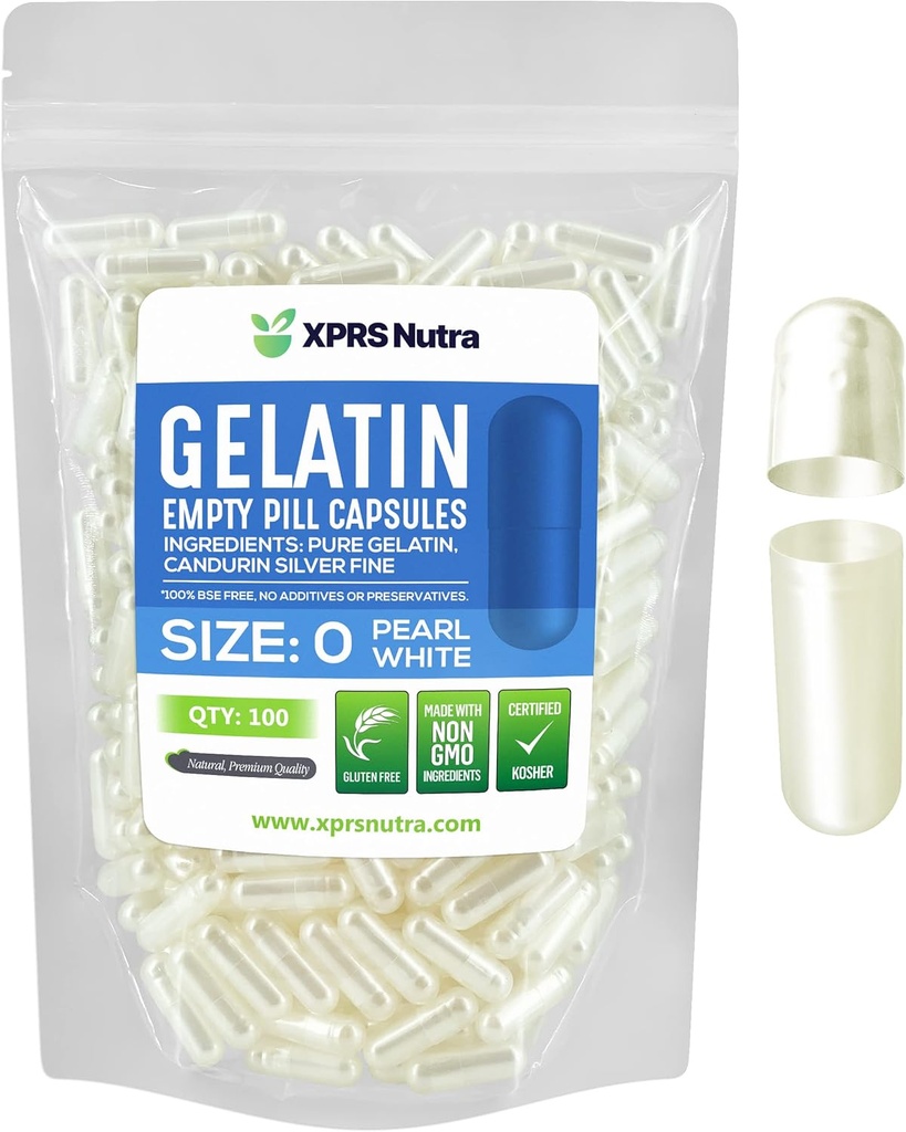 XPRS Nutra Size 0 Boş Kapsüller - 100 Count Boş Gelatin Capsules - Pills DIY Kapsül Doldurma - Pure Bovine Pill Gel Do-It-Your self Supplements (Pearl White)