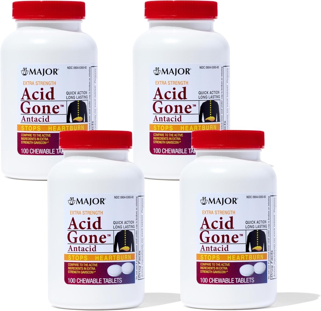 Acid Acid Gone Extra Power Antax Chewable Tablet - Anti- Acid Reflux Medicine for Adults - Upset Stomach, Acid Indiustable, and Heartburn Relief - Long-Lasting - 100- Count (4 Pack)
