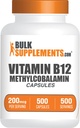 BulkSupplements.com Vitamin B12 Methylcobalamin Capsules - B12 Vitamin Supplement, B12 200mcg, for energistøtte - Glutenfri, 1 Kapsel per servering, 500 kapsler (pakke av 1)