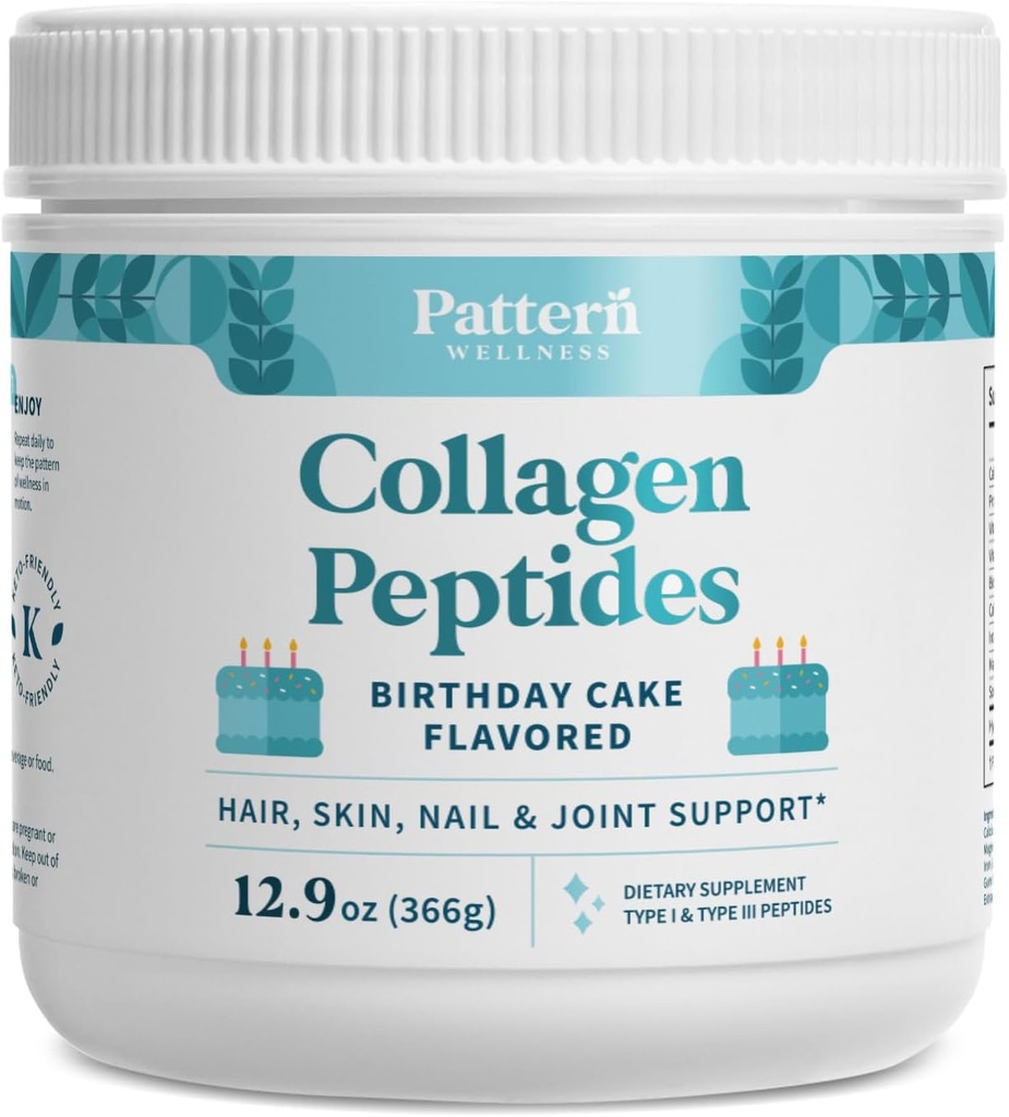 Pattern Wellness Collagen Peptides Powder(第I & III期) - 头发,钉子,皮肤和联合健康 - 草药和草药加养 - 水解Collagen,N-GMO,乳品自由, & Keto - 生日蛋糕(13 Oz)