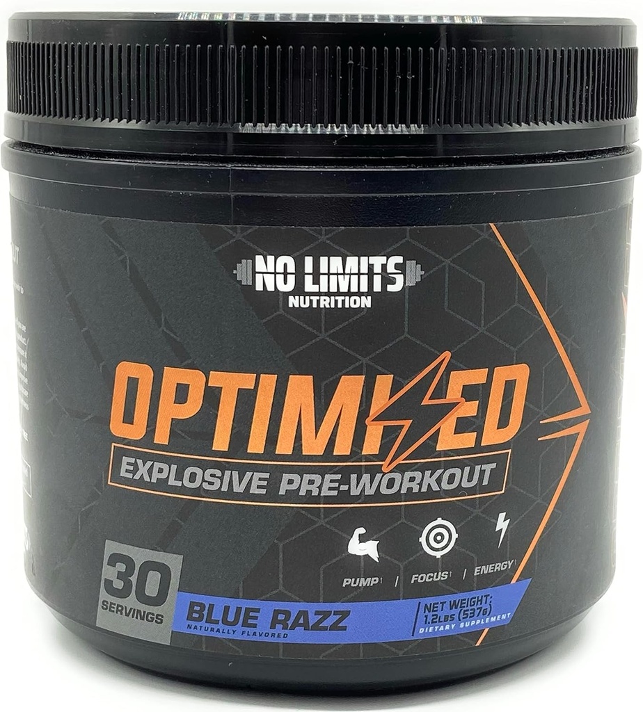 "Otimizado" Blue Razz Pré-treino Pó / Bombas maciças / Aumentar a massa muscular, força e foco / Beta Alanine + L-Citrulina + Betaína Anidra + Creatina + Cafeína Anidra / 30 Servimentos