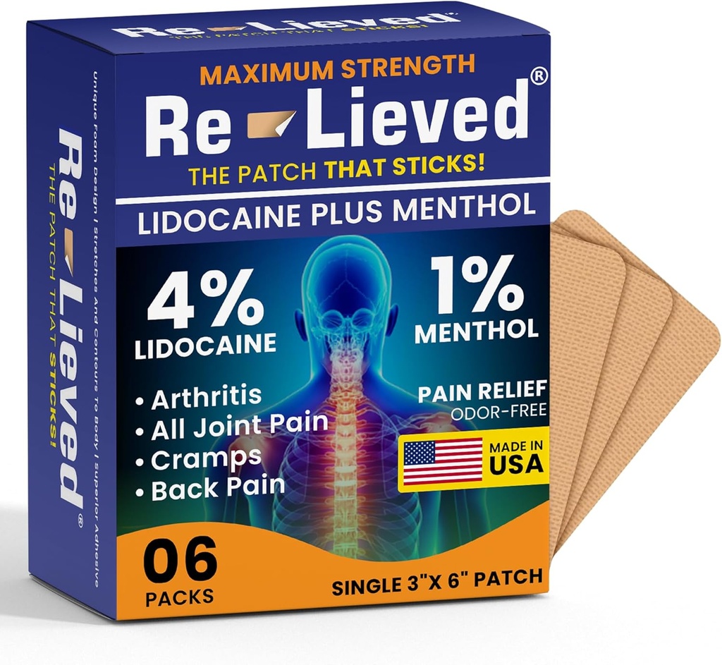 Tái kết nối 4% Lidocaine Patches với Menthol - Cứu trợ sức mạnh tối đa cho Back, đau đầu gối và bắp chân - vá chữa bệnh nhanh - sản xuất ở USA - 6 Count