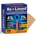 Re-lieved 4% Lidocaine Patches with Menthol - Maximum Strength Pain Relief for Back, Knee & Muscle Pain - Fast-Acting Medicated Patches - Made in USA - 6 Count