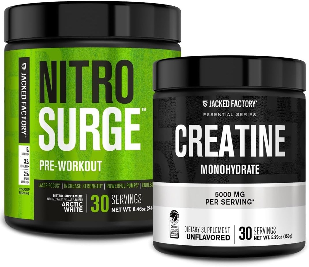 ג'ק חרושת NITROSURGE Pre Workout תוסף (Arctic White) Creatine Monohydrate אבקת 150g (Unflavored) עבור צמיחה שרירית, כוח מוגבר, אנרגיה משופרת
