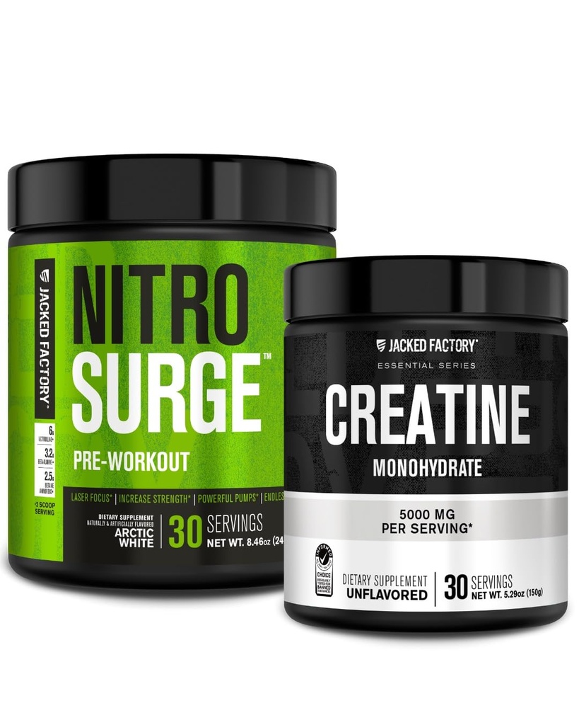 Jacked Factory NITROSURGE Pre Workout Supplement (Arctic White) Creatine Monohydrate Powder 150g (Unflavored) for Muscle Growth, Increased Strength, Enhanced Energy