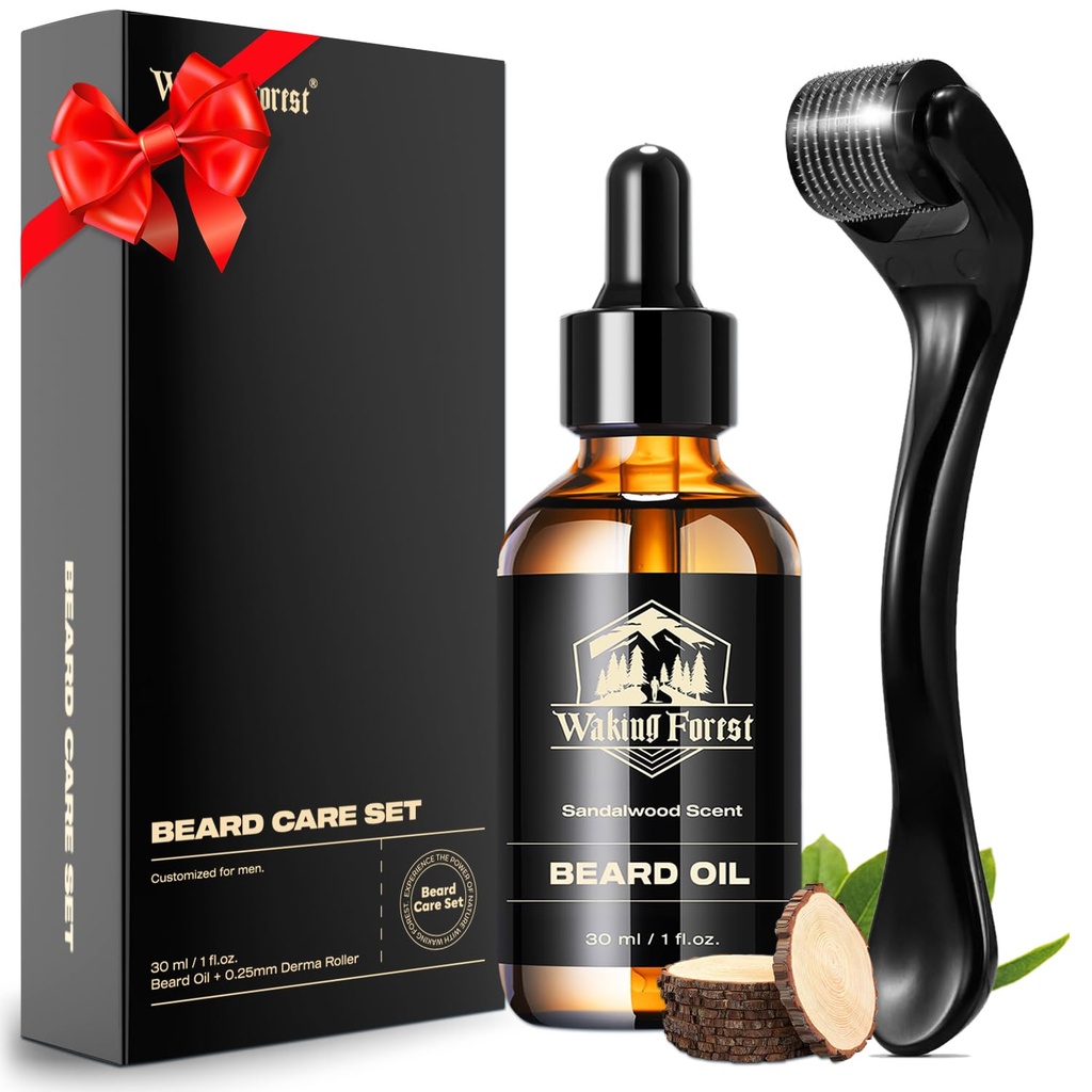 Waking Forest Derma roller 0.25mm " Beard Oil(1oz), Sandalwood Beard Kit, Microneedle Beard roller with 540 Titanium, Natural Moisturize with Vitamin E Beard Oil for Men, fathers Boyfriend Dad