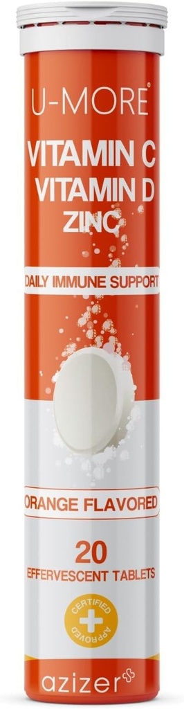 U-MORE Vitamina C 1000mg & Zinc + Vitamina D, 20 compresse effervescenti, Aroma arancione, Integratore di supporto immunitario, Dissolvere veloce, Boosts Immune System, Supporta pelle sana, capelli e unghie