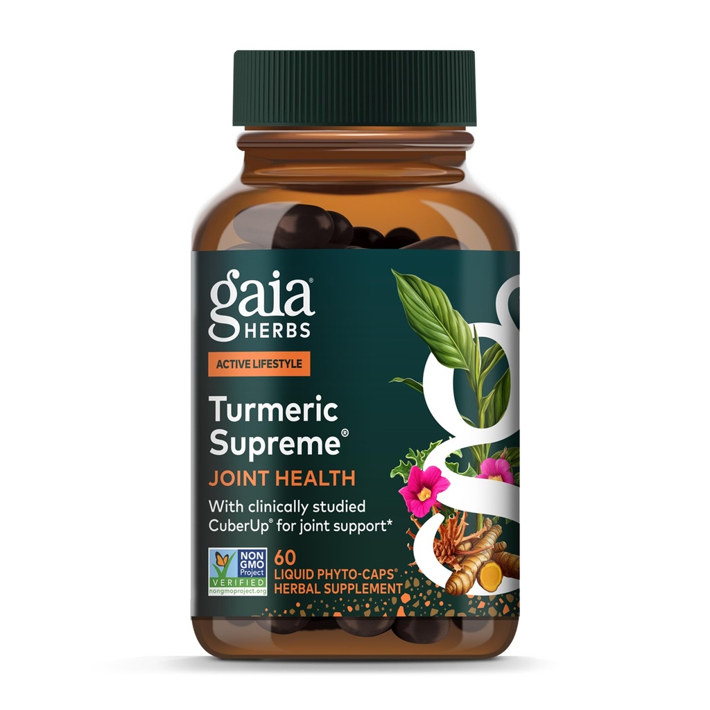 Gaia Herbs Turmeric Supreme Joint Health - Joint Support Supplement with Cucumber, Quercetin, Black Pepper, Ginger Root, Curcuminoids & More* - 60 Liquid Phyto-Caps (30 Servings)