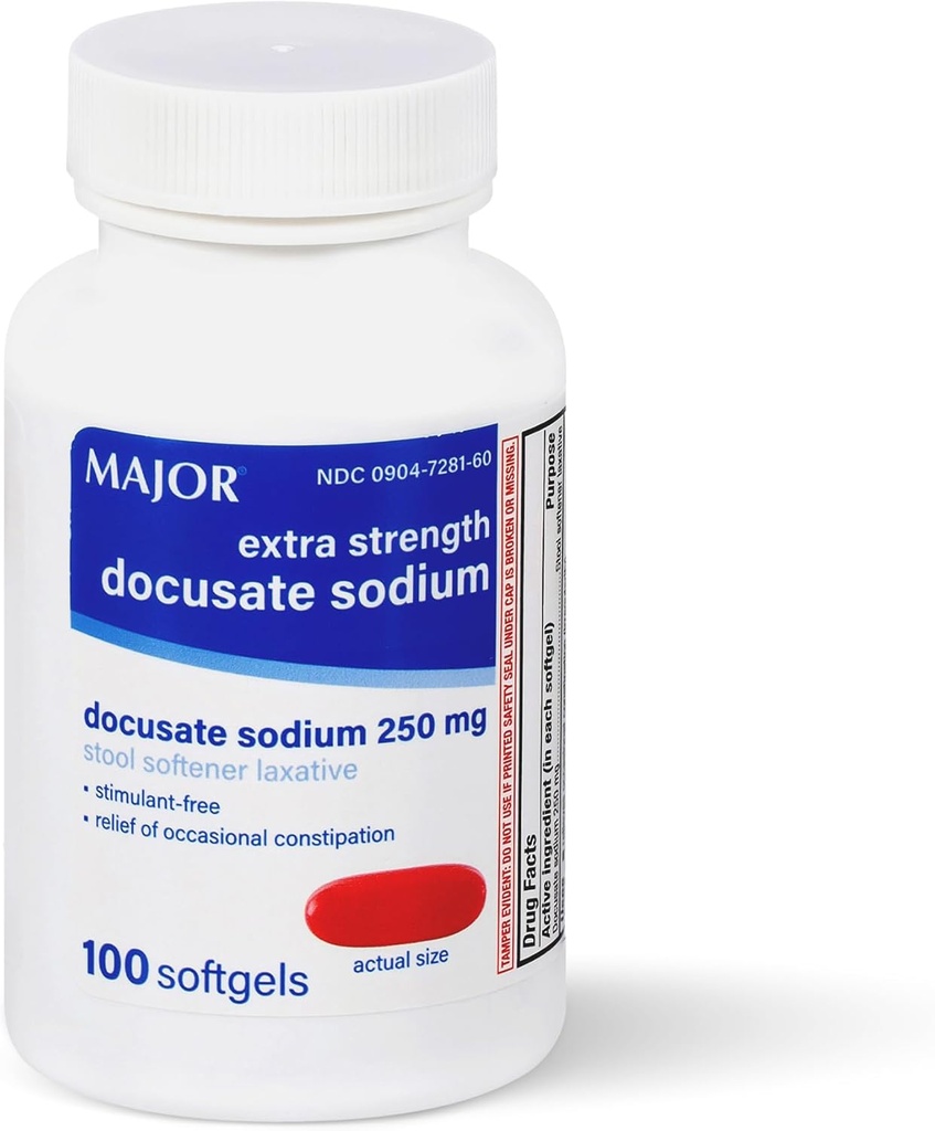 MAJOR Docusate Sodná sůl 250 mg, extra síla Stodola Softener Laxative for Occasional Concurrency Relief - Stimulant current, 100 Softgels (1 balení)