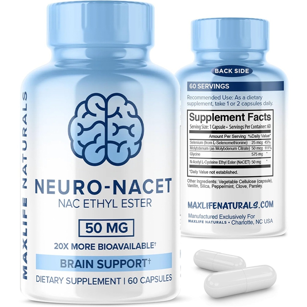 MaxLife Naturals Neuro NACET N-Acetyl L-Cysteine – 60 Capsules, 20x More Bioavailable Glycine NAC Supplement N-Acetyl Cysteine Ethyl Ester with Selenium, 10x Glutathione Boost for Brain & Lung Support