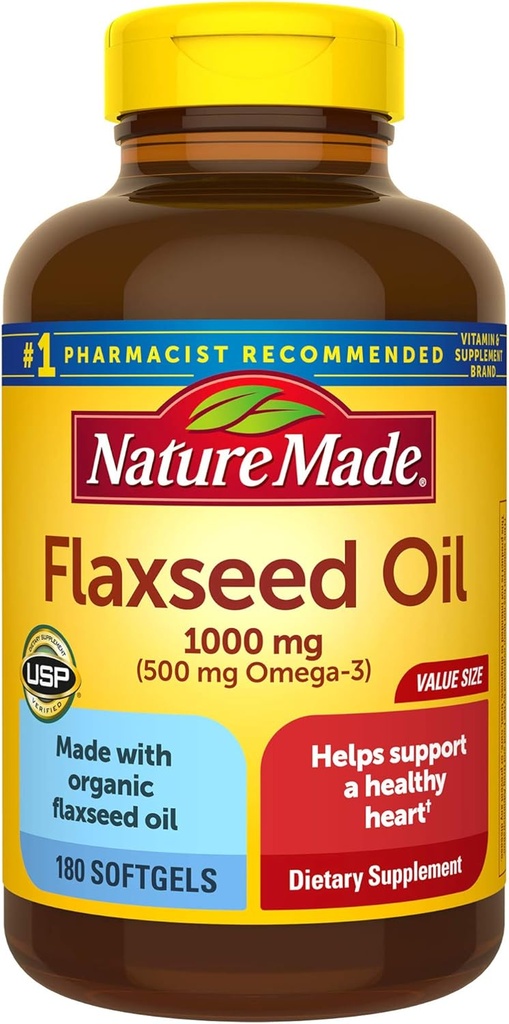 Flaxseed Oil 1000 mg Softgels 180 Count for Heart Health