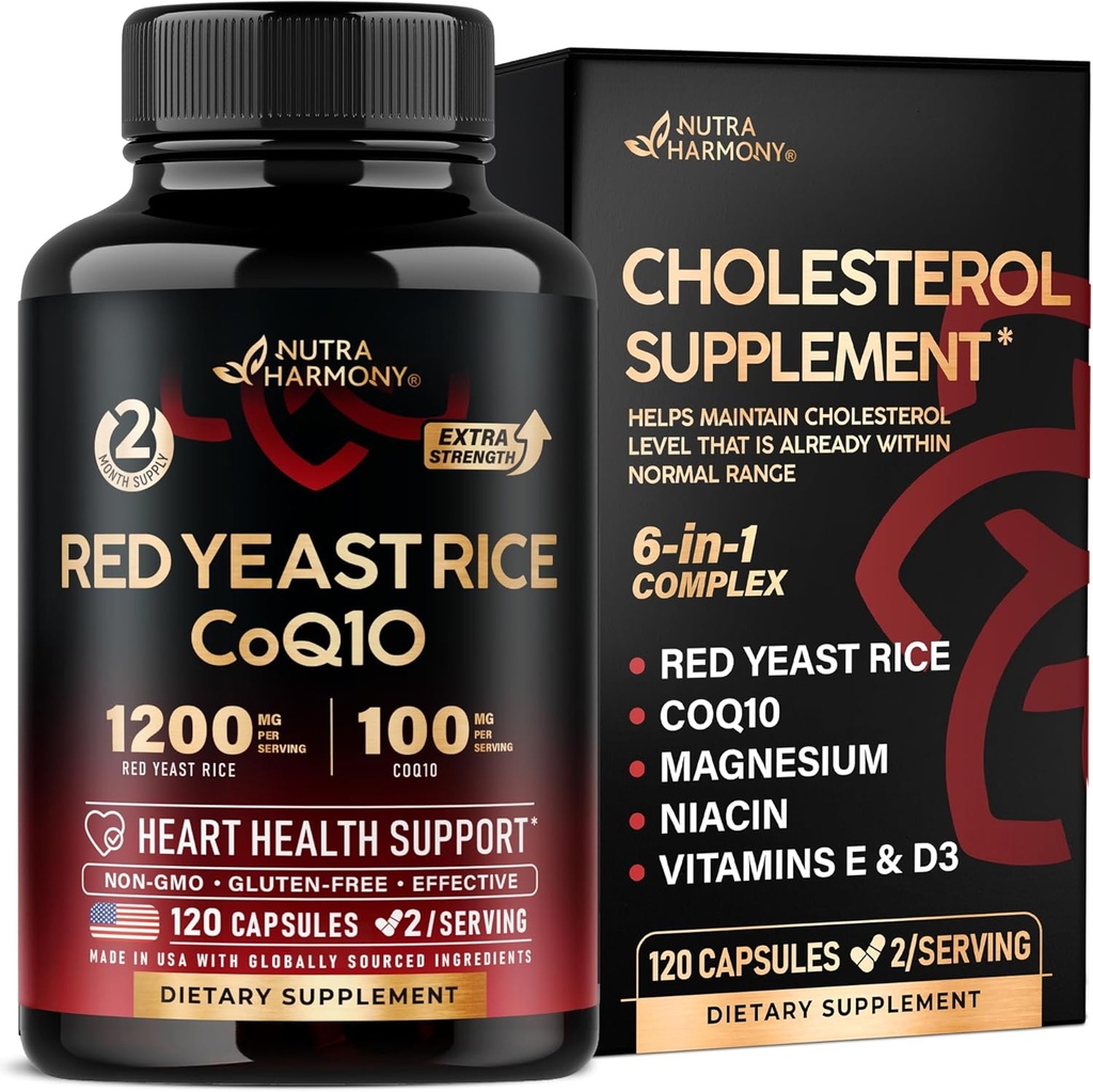 Red Yeast Rice 1200 mg med Q10 100 mg - med Magnesium | Niacin | Vitamin E & D3 - Hjärthälsostöd, energi och metabolism - Effektiv, Flush-free & Laboratory Testad - Tillverkad i USA, 120 kapslar