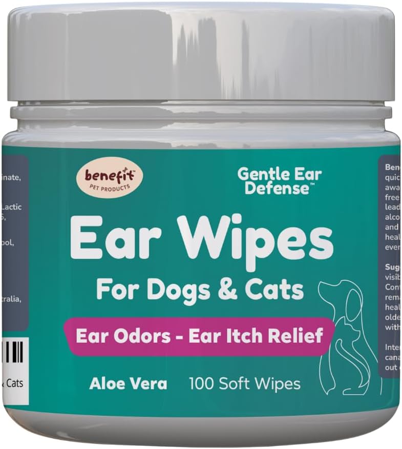 Benefit Pet Products Dog Ear Wipes - Oczyszczarka do uszu dla psów, aby zapobiec infekcjom, Swędzenie i Zapach - Aloe & Eucalyptus, Grooming Wipes - 100 Count