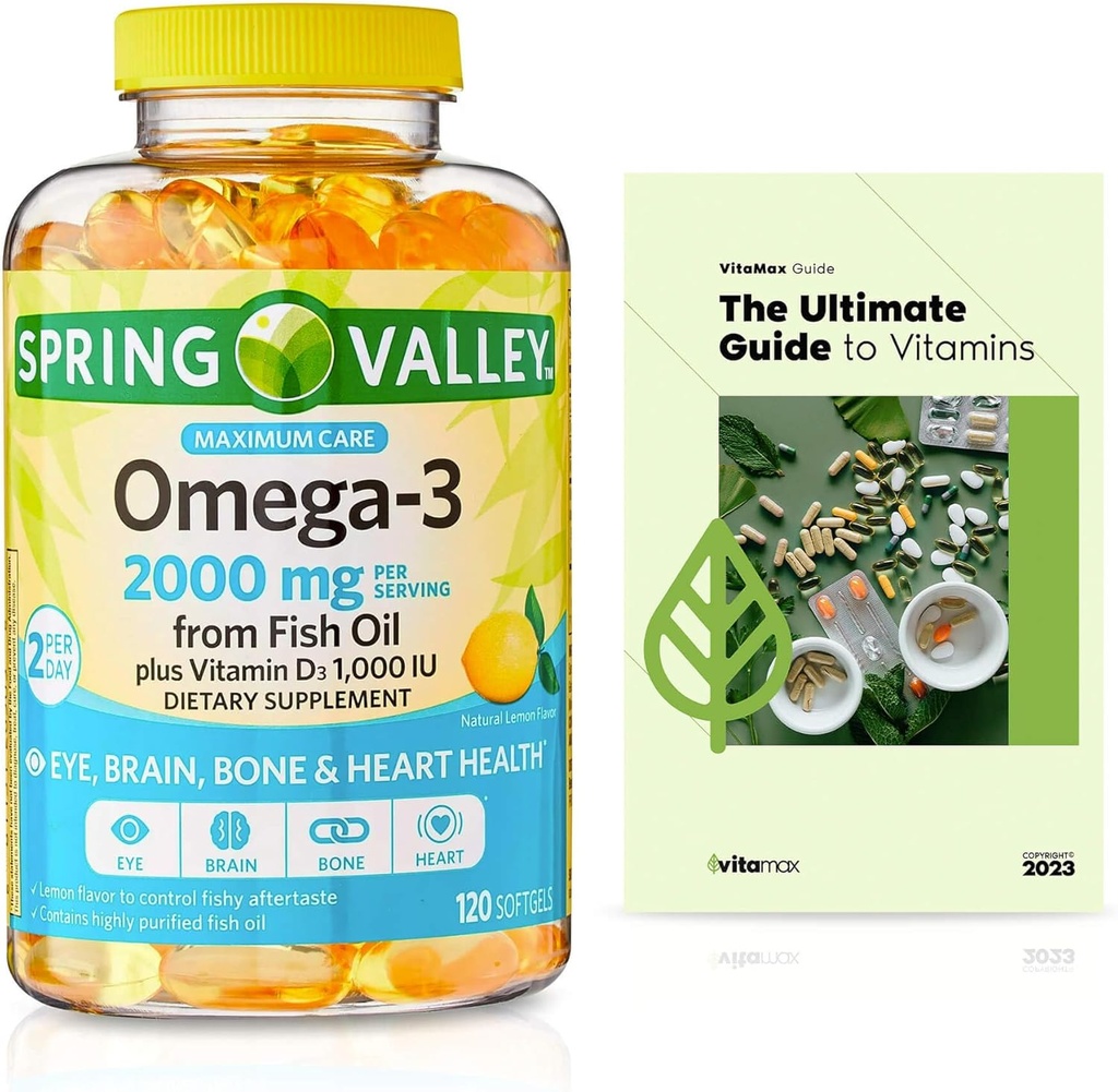 Spring Valley Omega-3 dari Fish Oil 2000 mg, Maximum Care, 120 Count + Exclusive VitaMax Guide (2 Items)