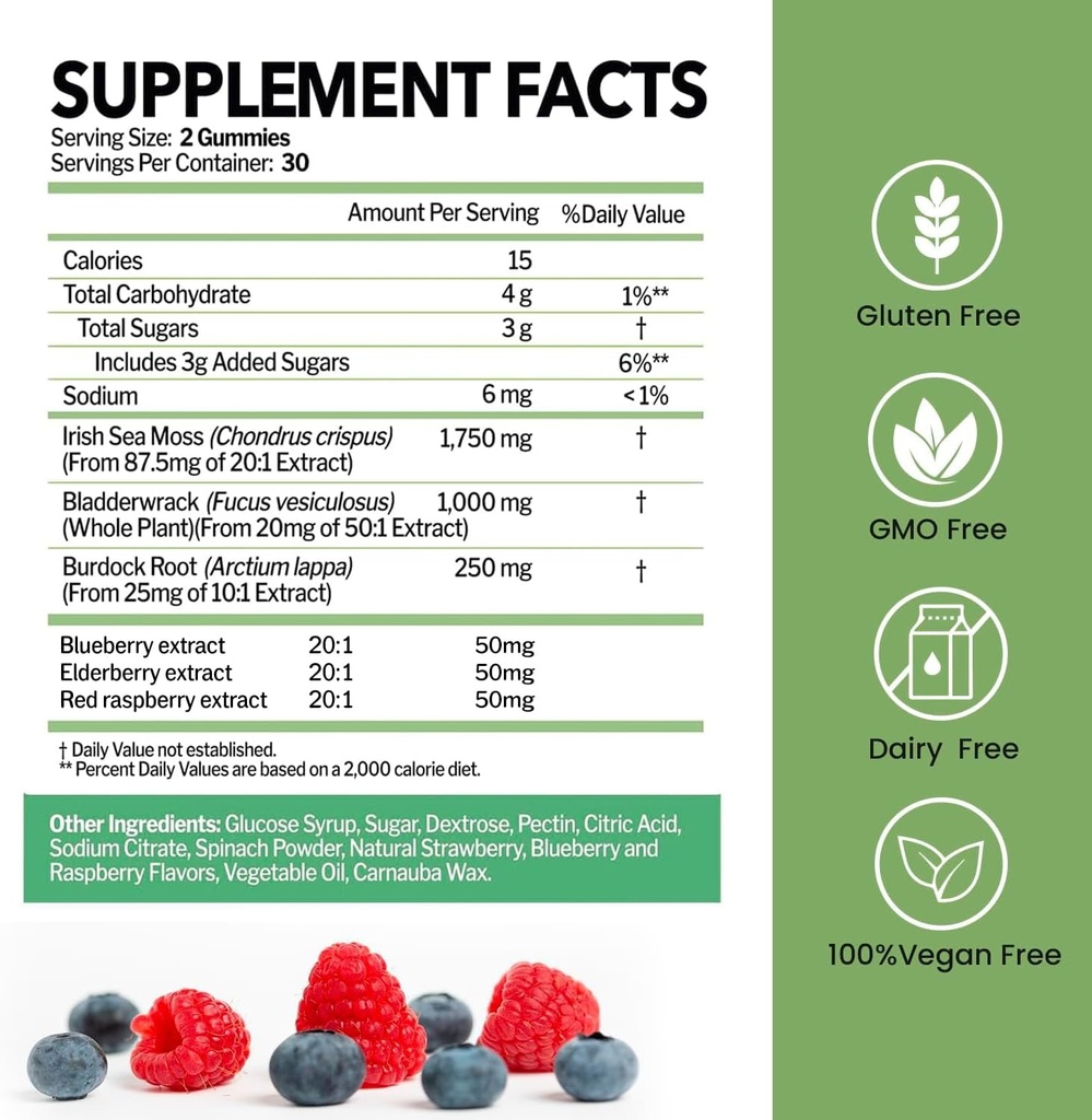 Sea Moss Gummies z Bladderwrack i Burdock Root 124; Wildcrafted Irish Sea Moss dla immunologicznego, Tyroid Support 124; 100% Vegan Dietetyczne suplementy 124; Non-GMO, Gluten- Free, Dairy- Free 124; 60 Gummies