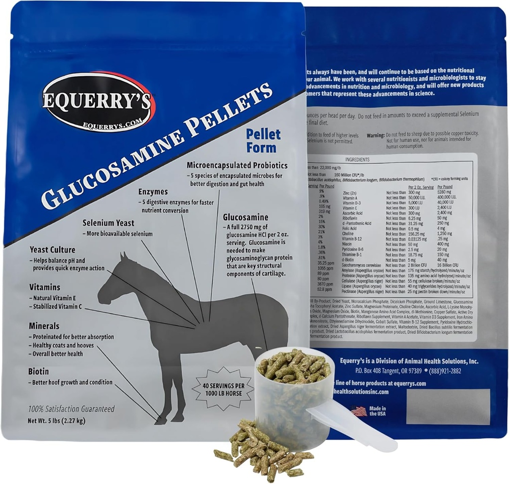 Pellets Glucosamine di Equerry - Supporto congiunto per cavalli con probiotici, enzimi digestivi, vitamine e minerali - Made in USA