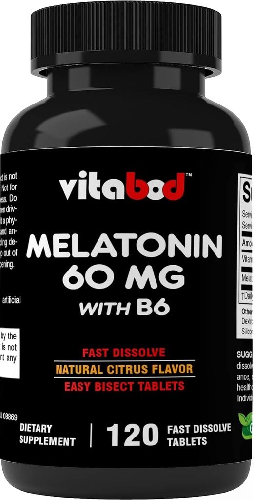 Melatonina 60 mg com vitamina B6 – 120 comprimidos de dissolução rápida Apoio ao sono extra forte – sem drogas – sabor Citrus Natural – vegetariano, não-GMO, sem glúten