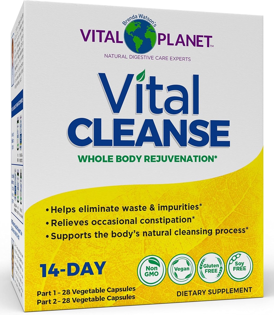 Vital Planet - Vital Cleanse with Milk Thistle, Magnez, Cape Aloe i Herbs, Natural Supplement for Ocasional Zaparcia i zdrowe Elimination, 2- Part - 14 Day Kit, 56 Kapsułki