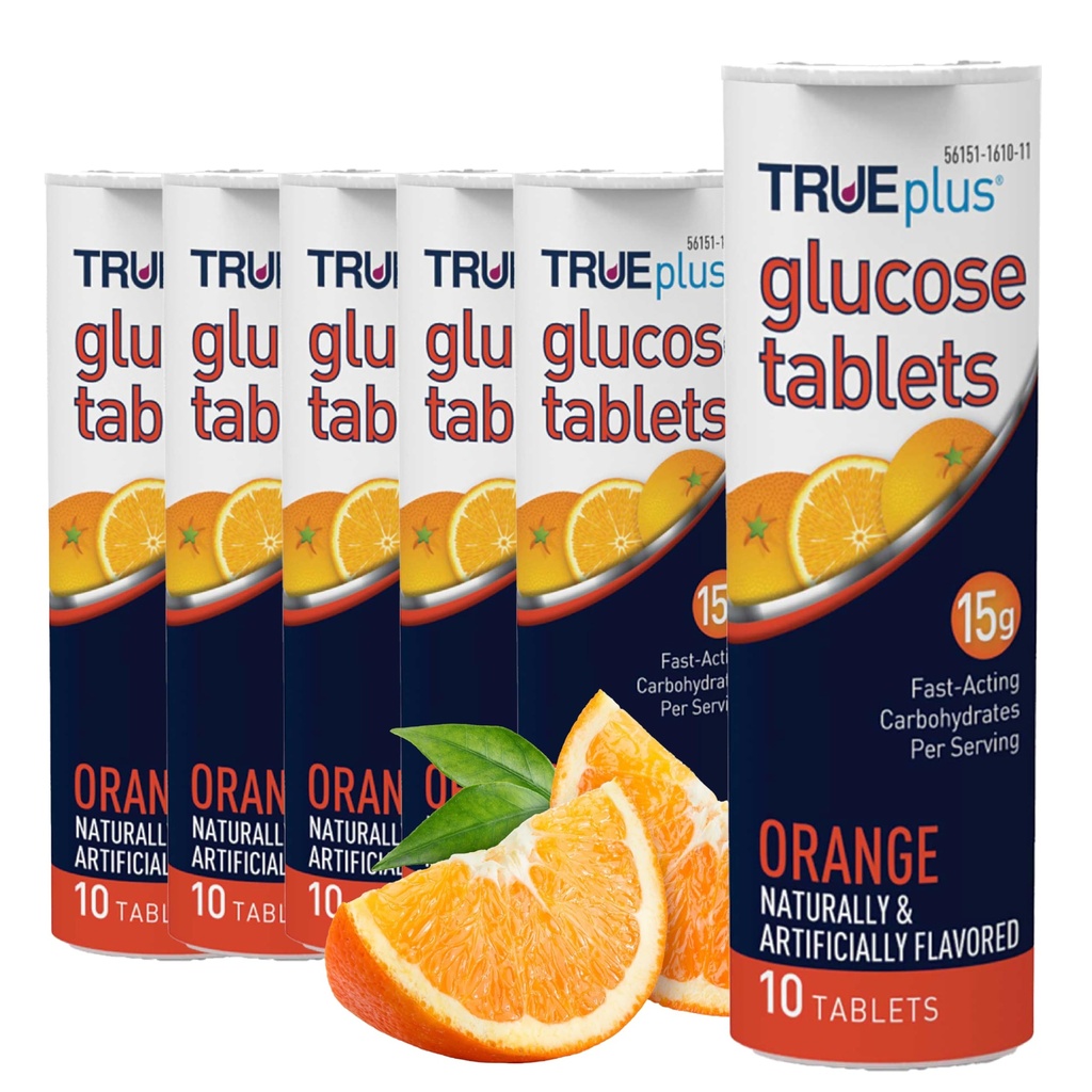 TRUEplus Glucose Tablets, Chewable, Orange Flavor, 15g Fast-Acting Carbohydrates, Fat Free, Gluten Free, Boost Energy, 10 Count, 6 Tubes