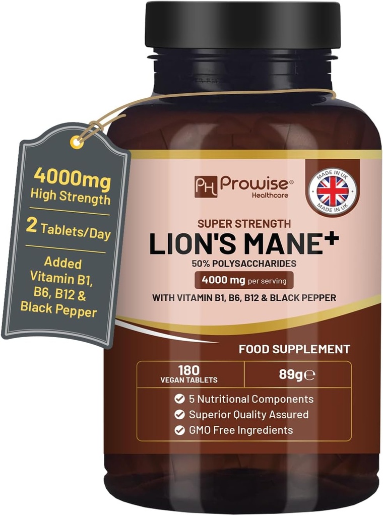 Lions Mane Mushroom Supplement 4000mg z witaminą B1, B6, B12 & Black Pepper - 180 Super Siła Vegan Tablets z 50% Polisacharydów (Nie Proszek lub kapsułki) 124; Made in The UK by Prowise