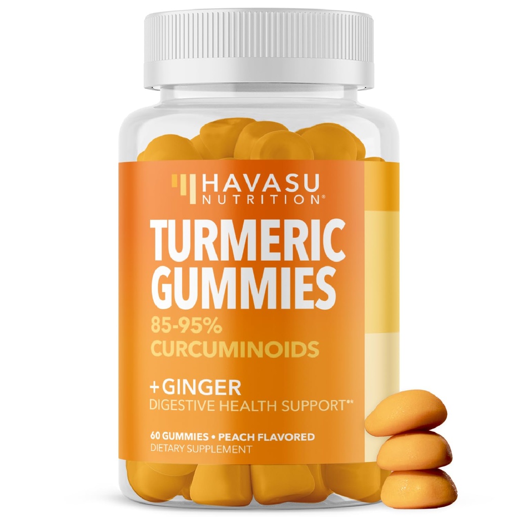 Turmeric Gummies with Ginger Root Extract - Digestive Health and Immune Support Supplement for Overall Wellness - 60 Count - Vegan, Non-GMO Curcumin Vitamin - Peach Flavor, 1 Month Supply