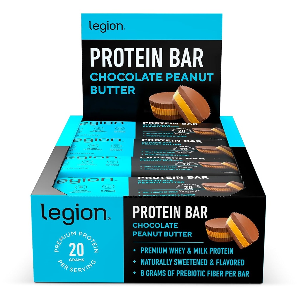 Legion Protein Bar Chocolate Manteiga de amendoim -100% Whey Protein, Baked Bars com Fibra Prebiótica - Alta Proteína (20g) Baixa Gordura (12g) Baixo Açúcar (4g), Sem Soja, Glúten - Sabor Natural (12 Count)