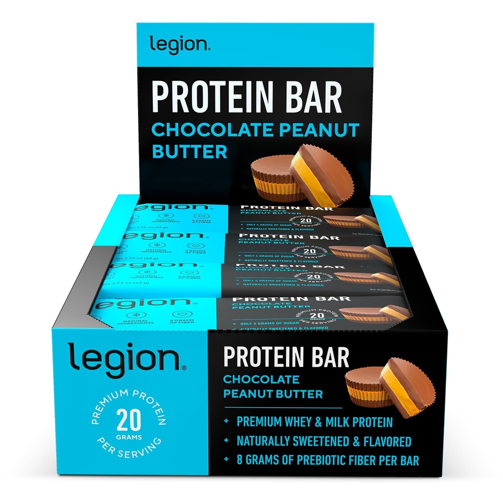 Legion Protein Bar Chocolate Peanut Butter -100% Whey Protein, Baked Bars with Prebiotic Fiber - High Protein (20g) Low Fat (12g) Low Sugar (4g), No Soy, Gluten - Natural Flavors (12 Count)