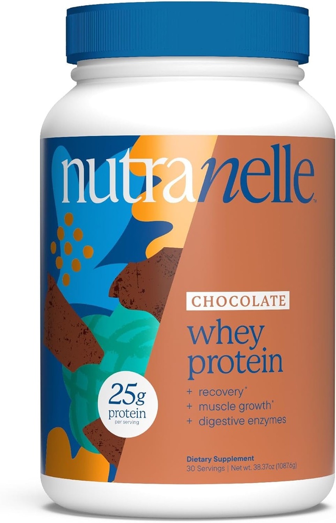 Nutranelle - Chocolate Whey Protein Powder – 25 g of Whey Isolate & Concentrate per Serving with Digestive Enzymes for Muscle Growth & Recovery – Zero Added Sugar Protein Shake Powder