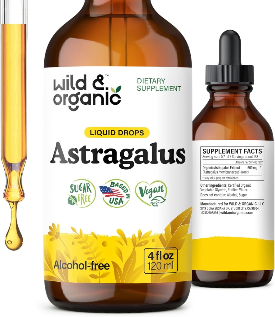 Wild & Organic Astragalus Tinktur - Immun Support Supplement w / Astragalus Root Extract - Vegansk Tinktur for immunisme - Sukker & alkohol-fri drops - 4 fl oz