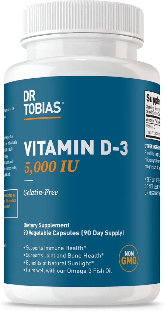 Tobias-vitamiini D3 5000 IU, Essential for Healthy Bones, Hampaat ja immuunijärjestelmä, Extra Strength D-vitamiini Supplement, non-GMO, 90 kapselia, 90 tarjoilua