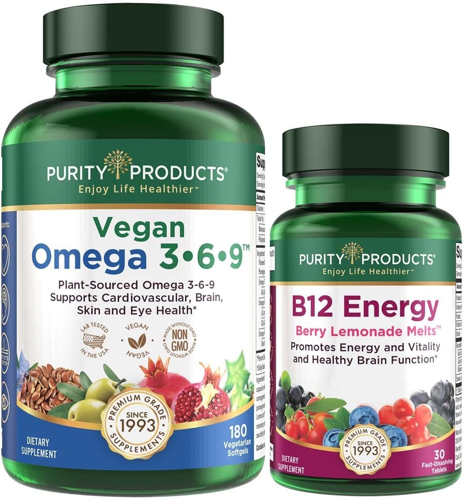 Izdelki čistote Bundle - Vegan Omega 3-6-9 (180 ct) + B-12 Energy Melt Omega 3-6-9 (»5 v 1« Rastlinsko osnovana Omega 3 6 9 Eterične maščobne kisline) - B12 Berry Melt (metilkobalamin B12 + B6 + D3 + več)
