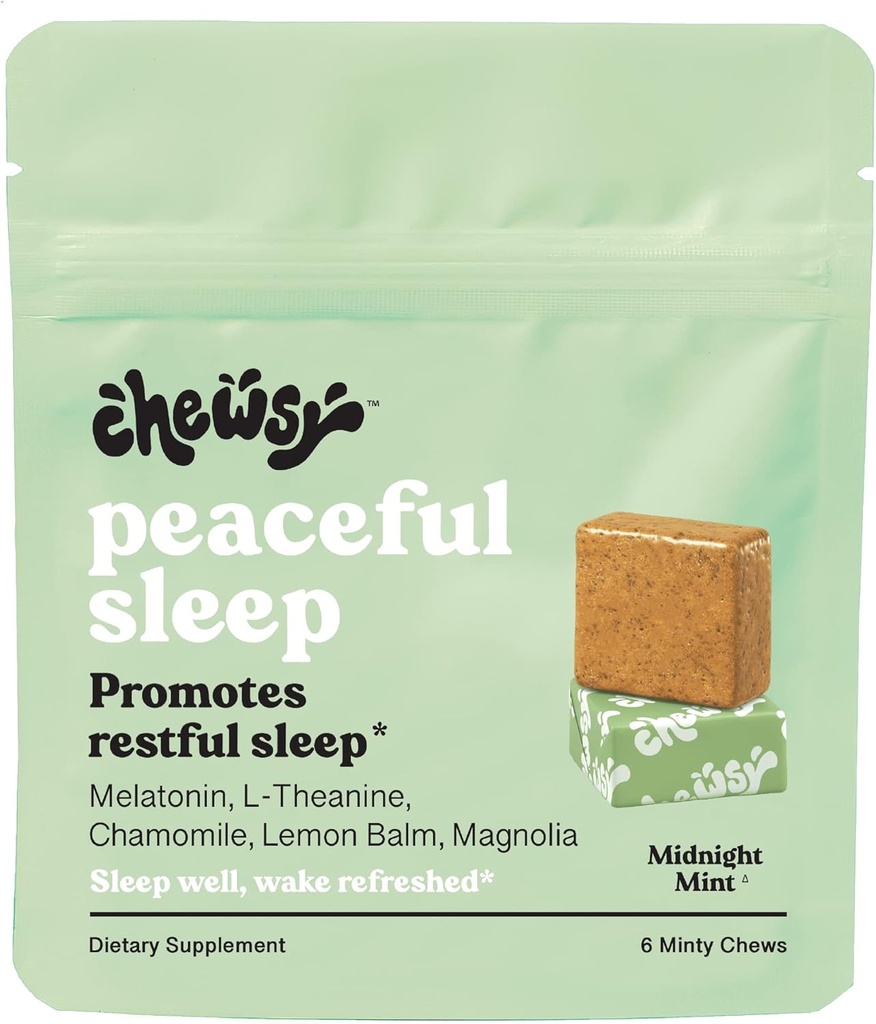 Chewsy Peaceful Sleep Chews, Sleep Support, 3 мг мелатонина, 200 MGS L-теанин, ромашка, лимонный бальзам, магнолия, ночная помощь для сна, естественно, Minty Chews, способствует спокойному сну, 6 -Day Supply (1)