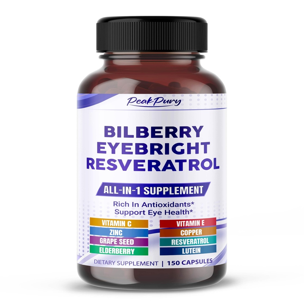 All-in-1 Bilberry Eyebright Astaxanthin Elderberry Resveratrol Supplement - Rich in Antioxidants & Supports Eye Health -150 Capsules
