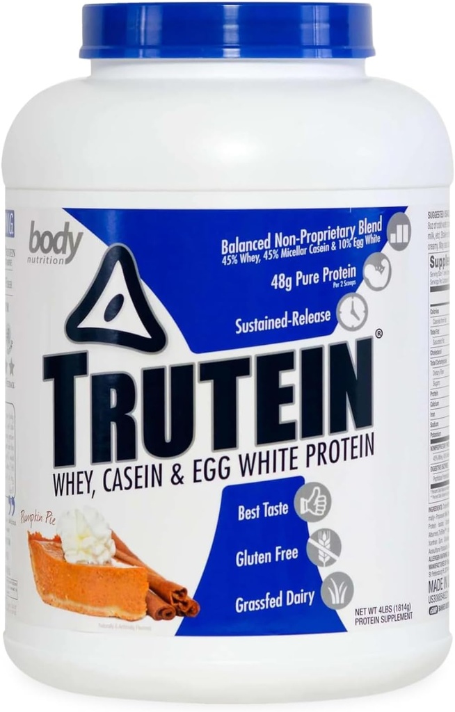Nutrição corporal Trutein Alta proteína em pó: 45% Whey, 45% Casein, 10% Ovo Branco, Gluten-Free, Baixo sódio, grama Feed Whey Protein Powder, Gym Suplemento & Pequeno-almoço Shake, Pumpkin Pie, 4lb