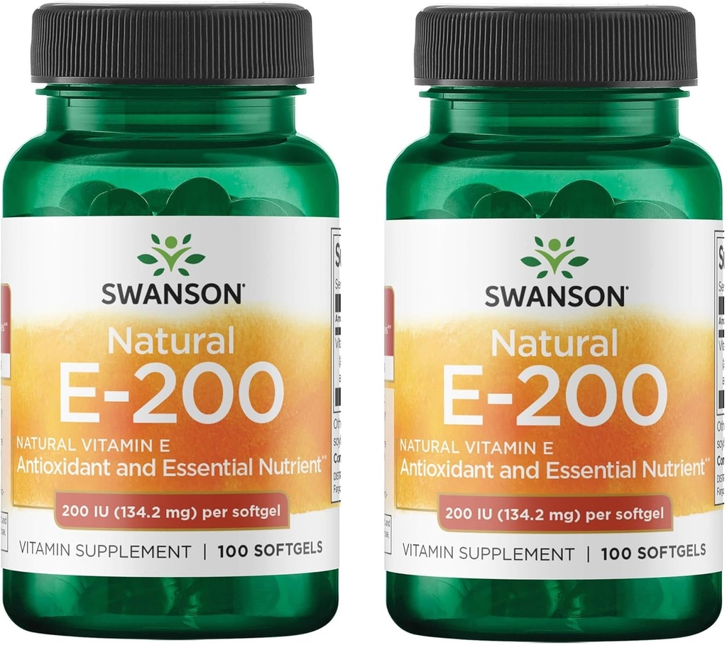 Swanson Natural Vitamin E - Natural Supplement Support Heart Health & Tissue Protection - Essential Nutrient Promotion Total Health & Wellness - (100 Softgels, 200IE Hver) (2 Pack)