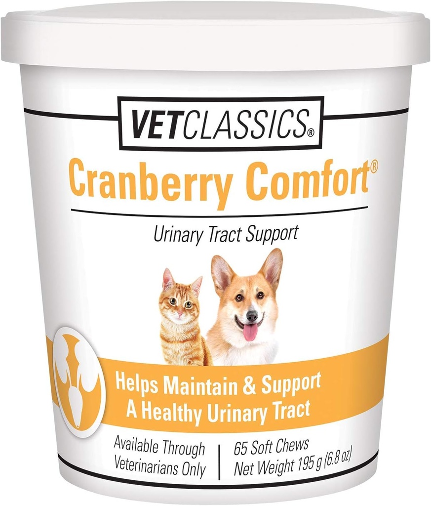 Vet Classics Cranberry Comfort Urinary Tract Pet Suplemento para cans, gatos - mantén a saúde do can bladder, control de abeto de gato - suplementos para animais para a incontinencia - 65 bicos brandos