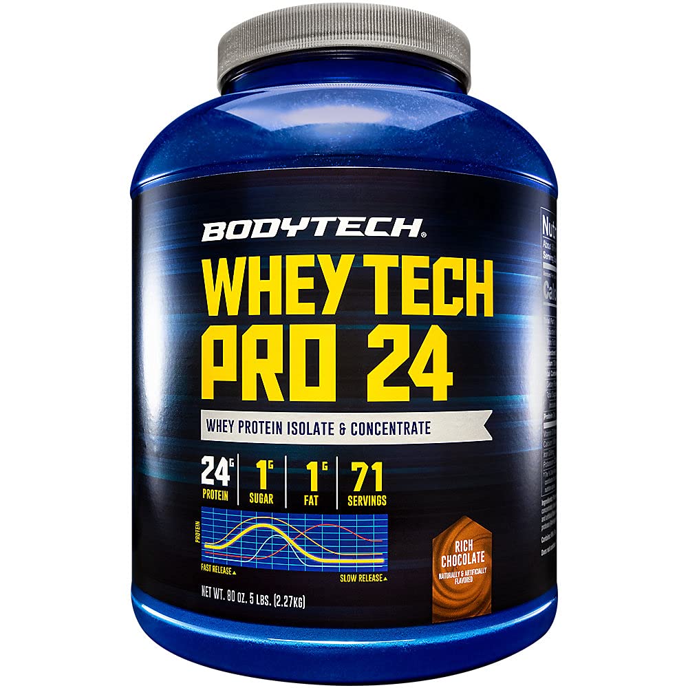 BodyTech Whey Protein Isolate Powder, Rich Chocolate Flavor, 24g per Serving, High Concentrated Protein Powder with Amino Acids & BCAAs for Men and Women, Gluten Free, 5 lb, 71 Servings