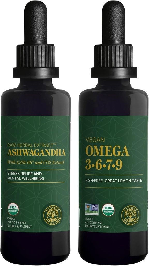 Global Healing Center Ashwagandha & Omega 3 6 7 9 Kit - Pomáha pri nervozite, zdraví mozgu, zdraví srdca a zdravia očí