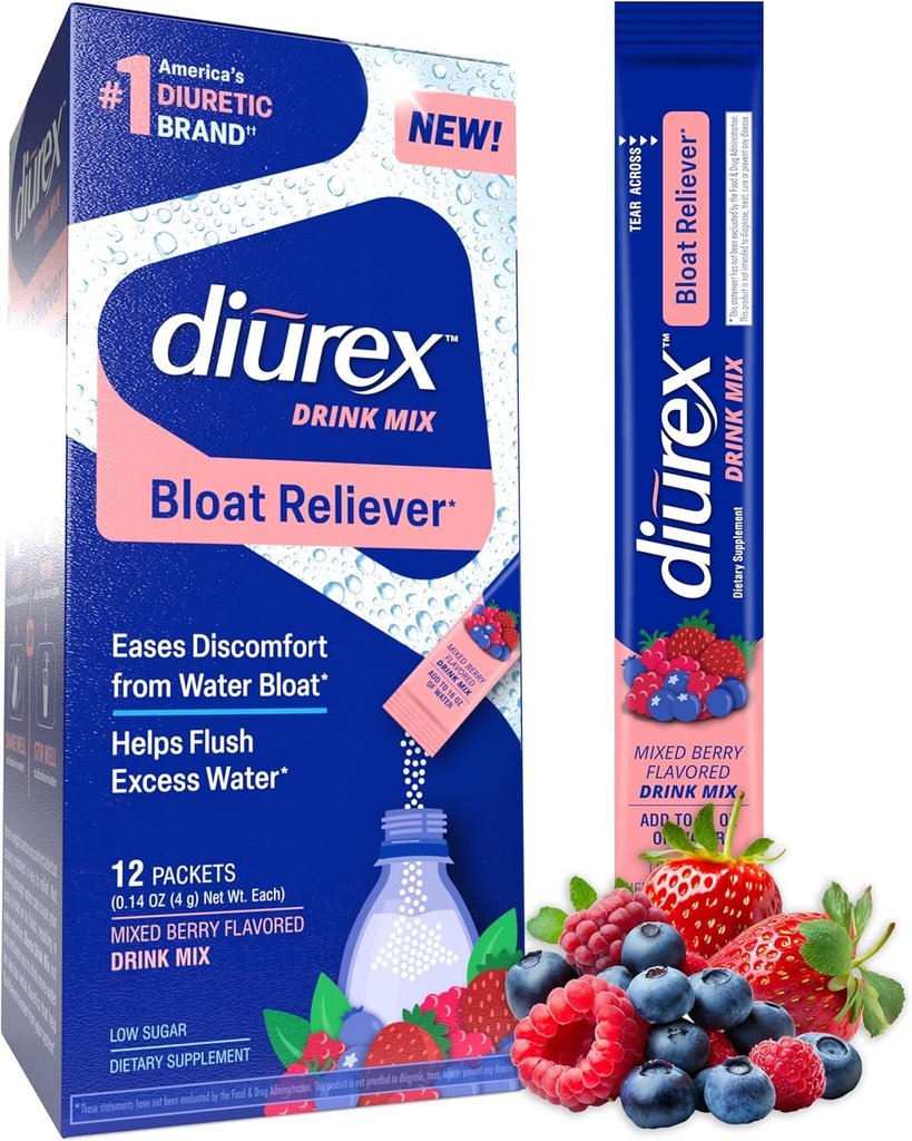 Diurex edari nahasketa - Diuretic Supplement - Mixed Berry Flavor - Bloat Relief with Diurex Proprietary Bloat-Relieving Blend - Single Serve - 12 Pack